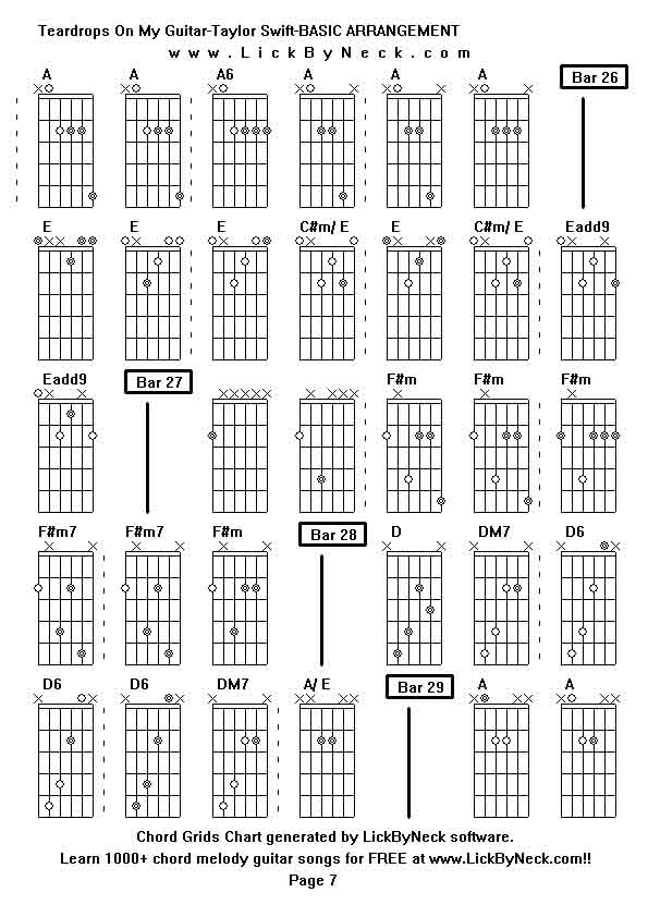 Chord Grids Chart of chord melody fingerstyle guitar song-Teardrops On My Guitar-Taylor Swift-BASIC ARRANGEMENT,generated by LickByNeck software.